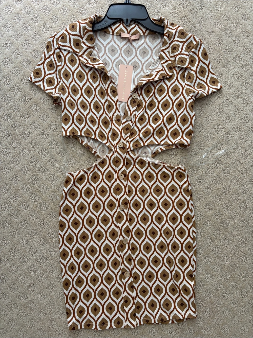 Geo-Print Cutout Mini Dress in Brown
